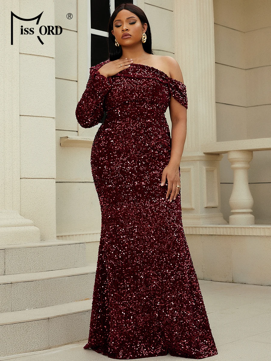 Missord Wine Sequin Plus Size Evening Dress Elegant Women One Shoulder Long Sleeve Asymmetrical Neck Party Prom Dresses Gown