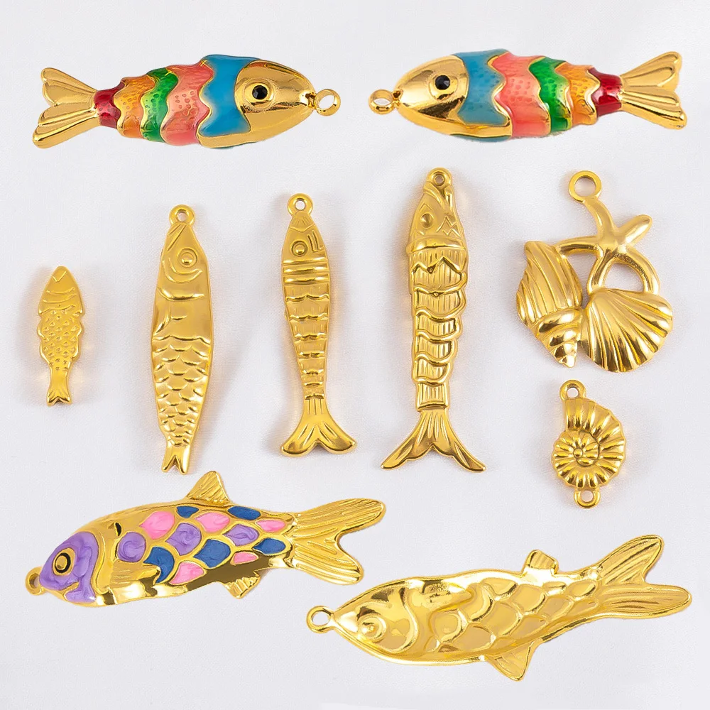 2pcs Stainless Steel Enamel Gold Plated 3D Fish Charms Star Shell Pendants DIY Boho Necklace Bracelet Earrings Jewelry Findings