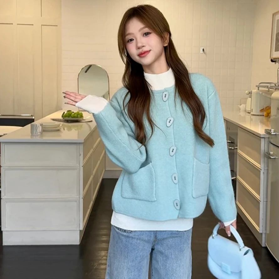 

2025 spring women's thicken loose single-breasted long-sleeve knitted cardigan sweaters women coat ins short solid short sweater