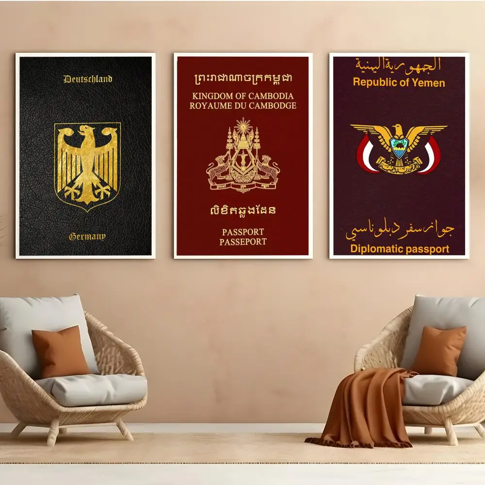 Deep Red-background Passports Poster Self Adhesive HD PVC Wall Art - Waterproof & Stain Proof For Home Office