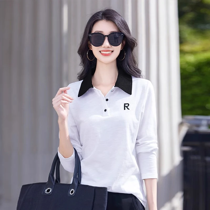 New Women Simplicity Casual T-shirt Spring Summer Fashion Contrast Color Design Letter Embroidery Long Sleeve Loose Polo Shirt