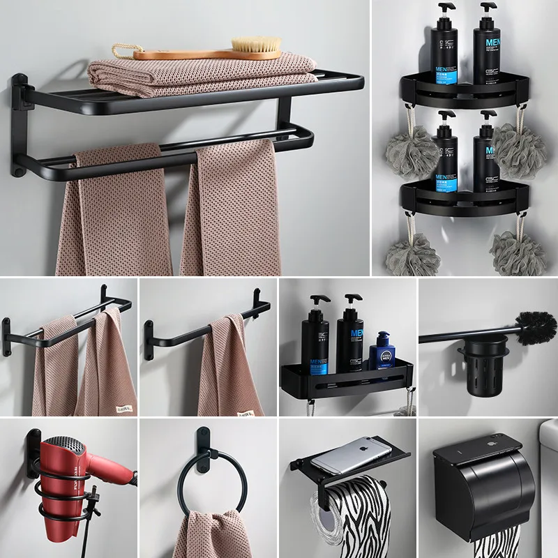 

Bathroom Hardware Accessory Set Aluminum Towel Rack Paper/Toilet Brush Holder Tissue Box Corner Shelf Hooks Nail Punched Black