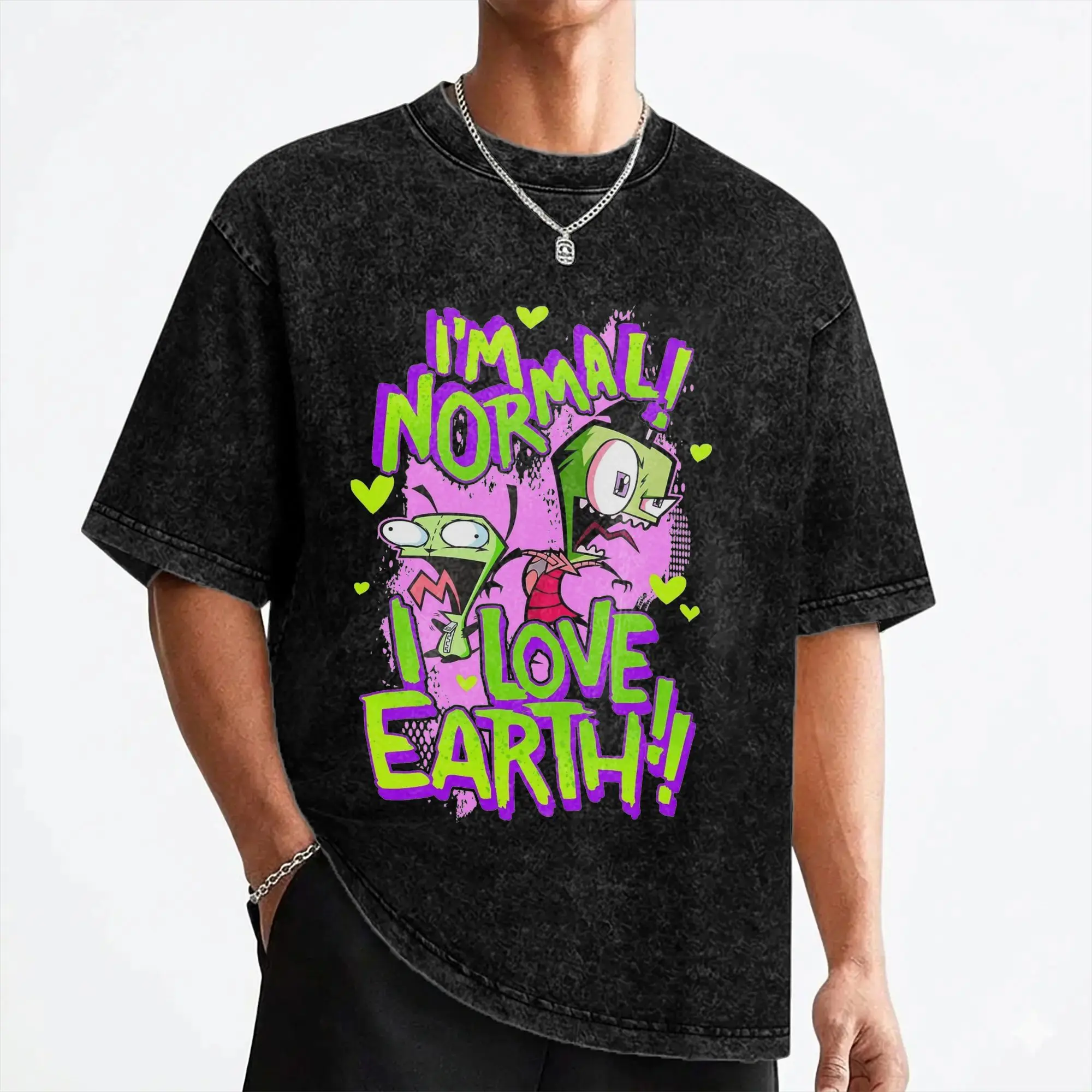 Cartoon Invaders Zim Gir Washed T Shirt Streetwear Vintage T-Shirt  Tees Men Women 100% Cotton Harajuku Summer