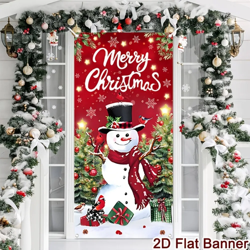 Santa Claus Pattern Christmas 2D Door Banner Perforated Strap Fastening Rectangular Christmas Background Banner Hanging