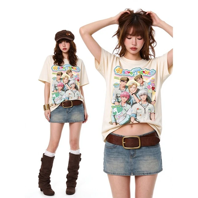 Kpop PLAYE Season's Greetings T-shirt, Retro Y2K Sticker Style, Dopamine Colored Cream Top, Fan Merchandise