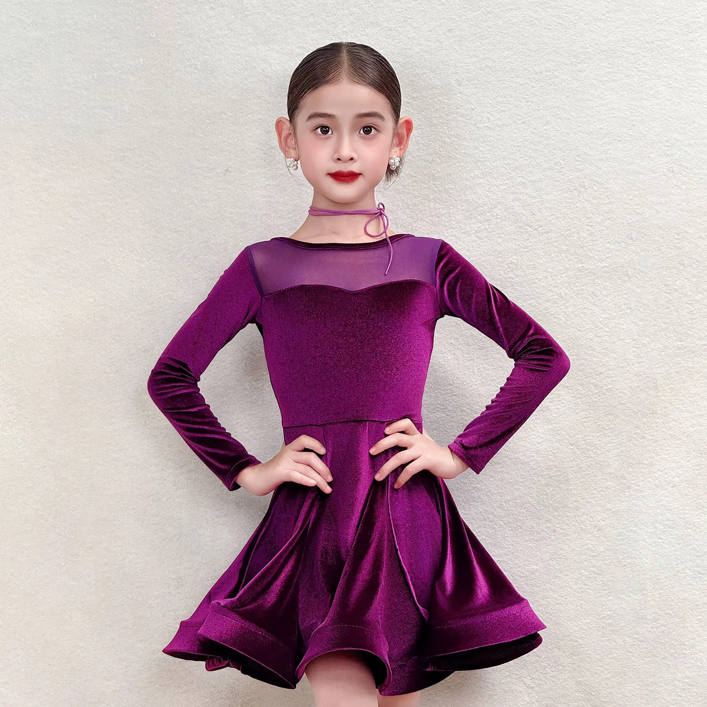 Girl Children's Latin Dance Costumes Long Sleeves New Velvet Autumn Practice Grade Test Competition Regulations Dancewear
