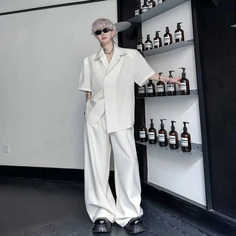 New Black Summer Men's Suit Two Pieces Sets Notched Collar Loose Short Sleeve Shirt And Casual Wide Leg Pants OXYC view 5