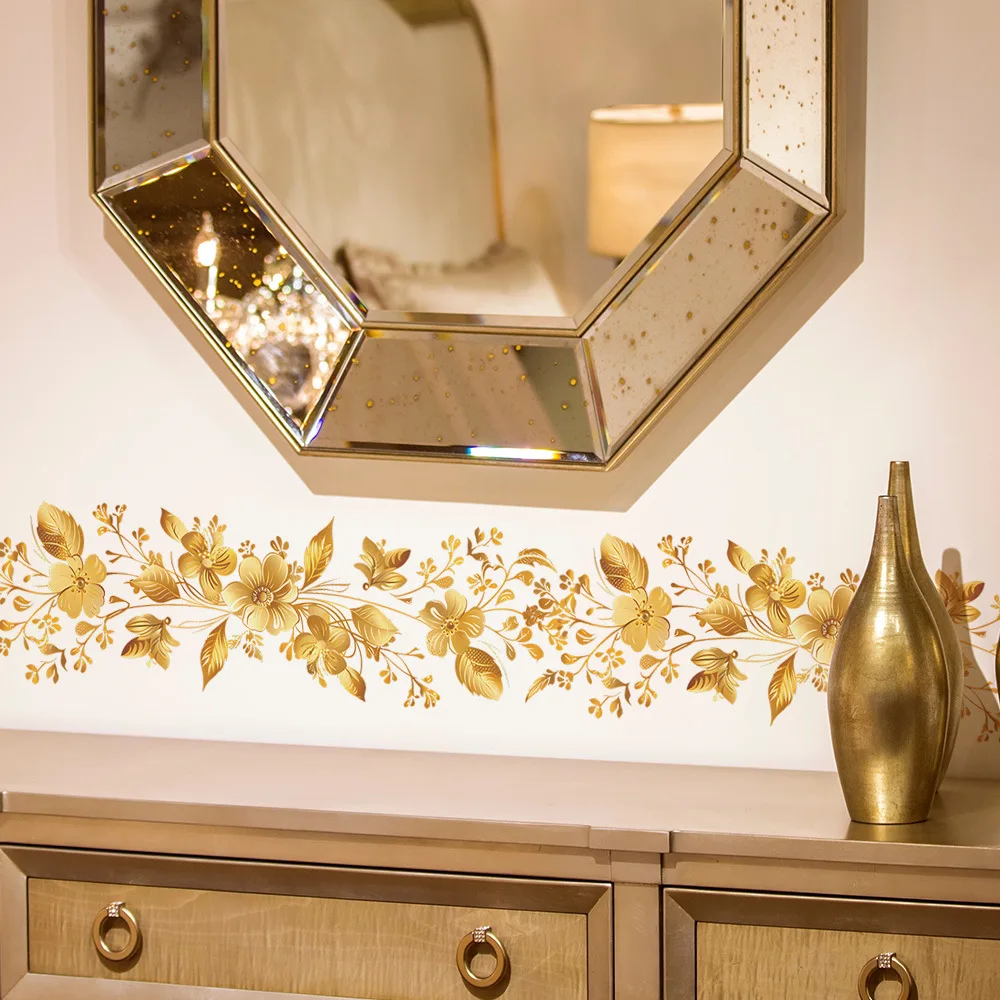 Golden Flowers Decorative Vinyl Wall Stickers For Wall Decor Adhesive Wallpaper Furniture Sticker Bedroom Accessories Room Decor