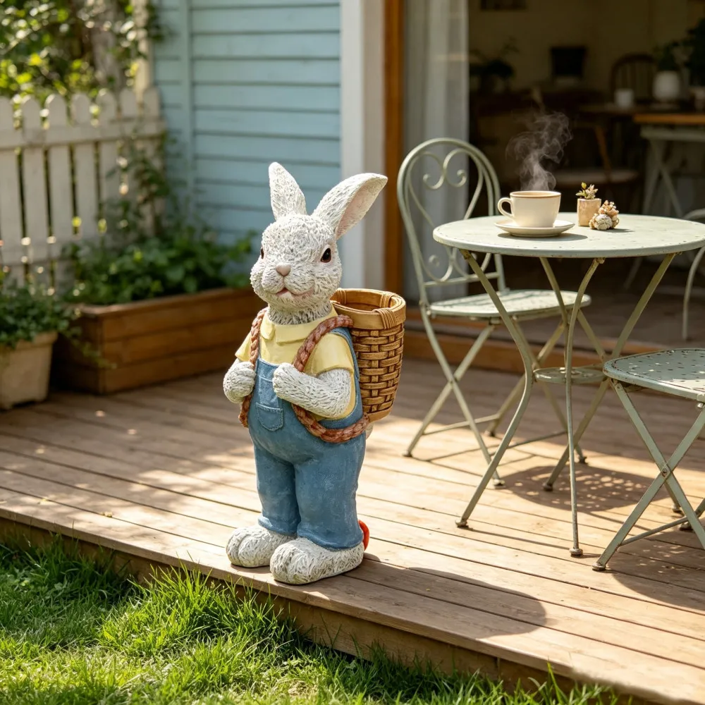 Simulated Couple Rabbit Statue Flower Pot Ornament, 17'' Resin Crafts Garden Sculpture Decor, Household Guardian Ornament, Ideal Gift for Independence Day for Yard Home Outdoor Decor view 2