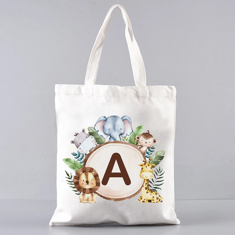 Animals Alphabet A-Z Women Shopping Tote Bags Canvas Large Capacity Student Casual Tote Initial Letter Bags Gift for Bridesmaid