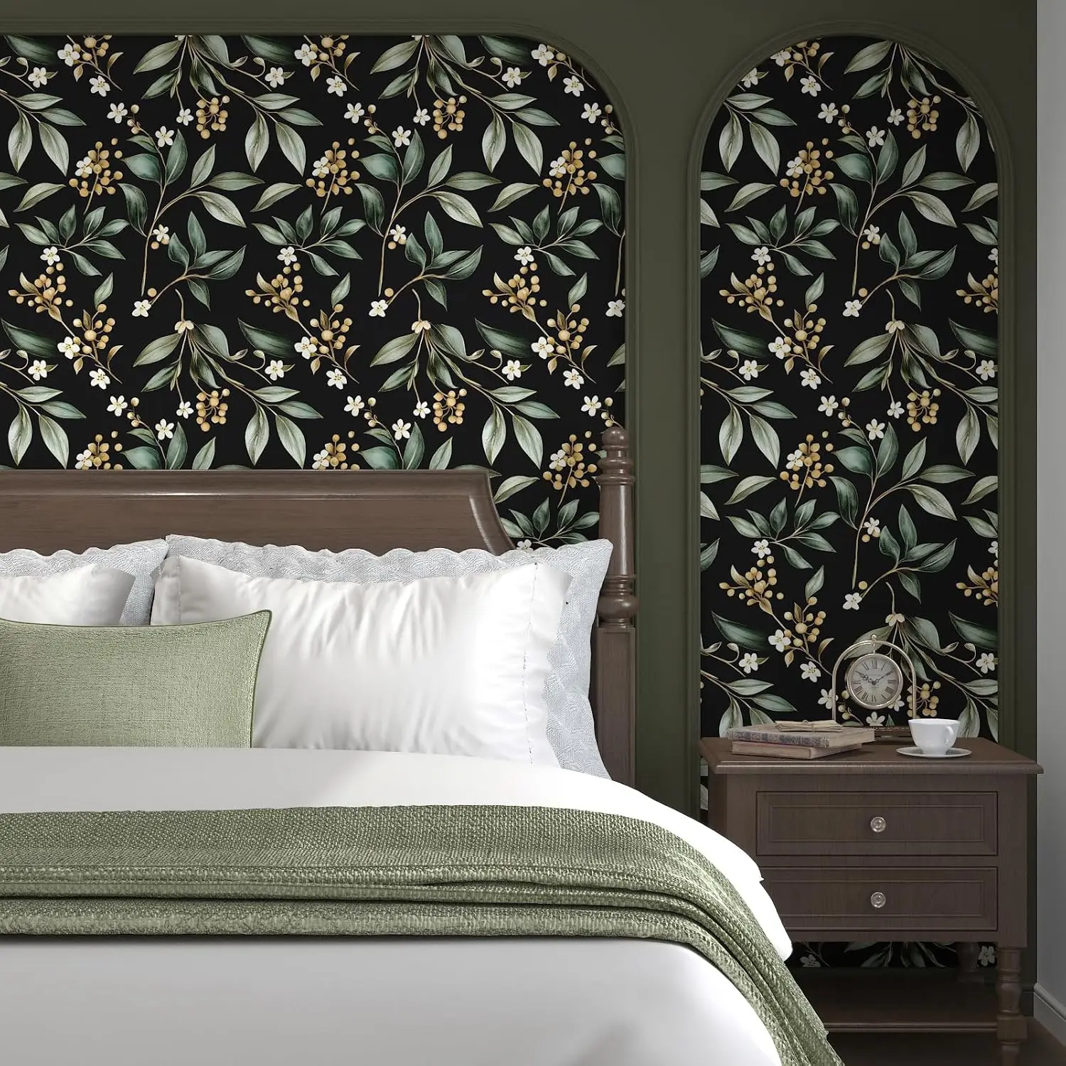 Dark Green Leaf Peel and Stick Wallpaper 17.5"x118" Self-Adhesive Vinyl for Bathroom Bedroom Kitchen Cabinet Retro Floral Decor view 5