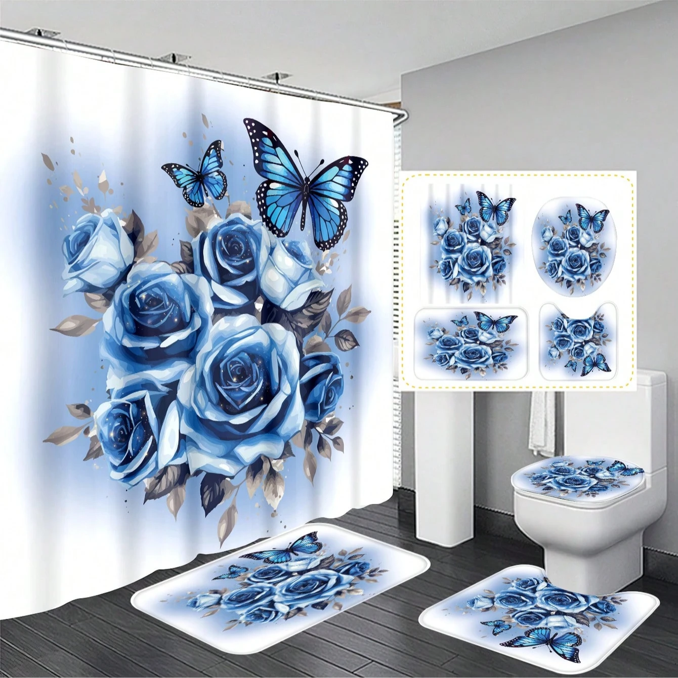 

4pcs Blue Floral & Butterfly Multi-Function Bathroom Waterproof Shower Curtain home decoration Set,Suitable For All Scenes