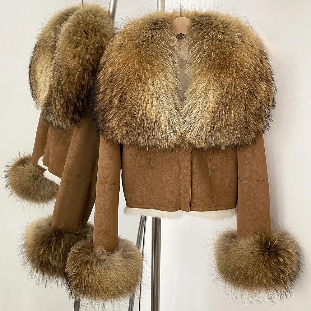

Natural Raccoon Fur 2025 Fashion Overcoats Rabbit Fur Liner Female Suede Fox Fur Coat New Autumn Winter Short Clothes Warm Women