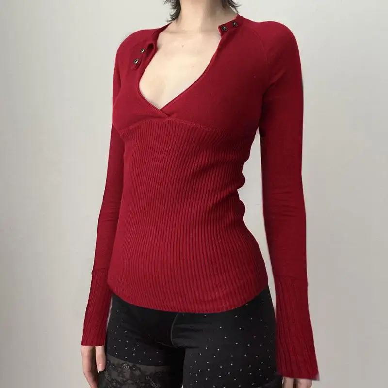 المرأة العميق الخامس الجوف خارج كم طويل سترة علوية بلون بلوفر مغزول Y2K موضة أنيقة الأساسية لخريف شتاء