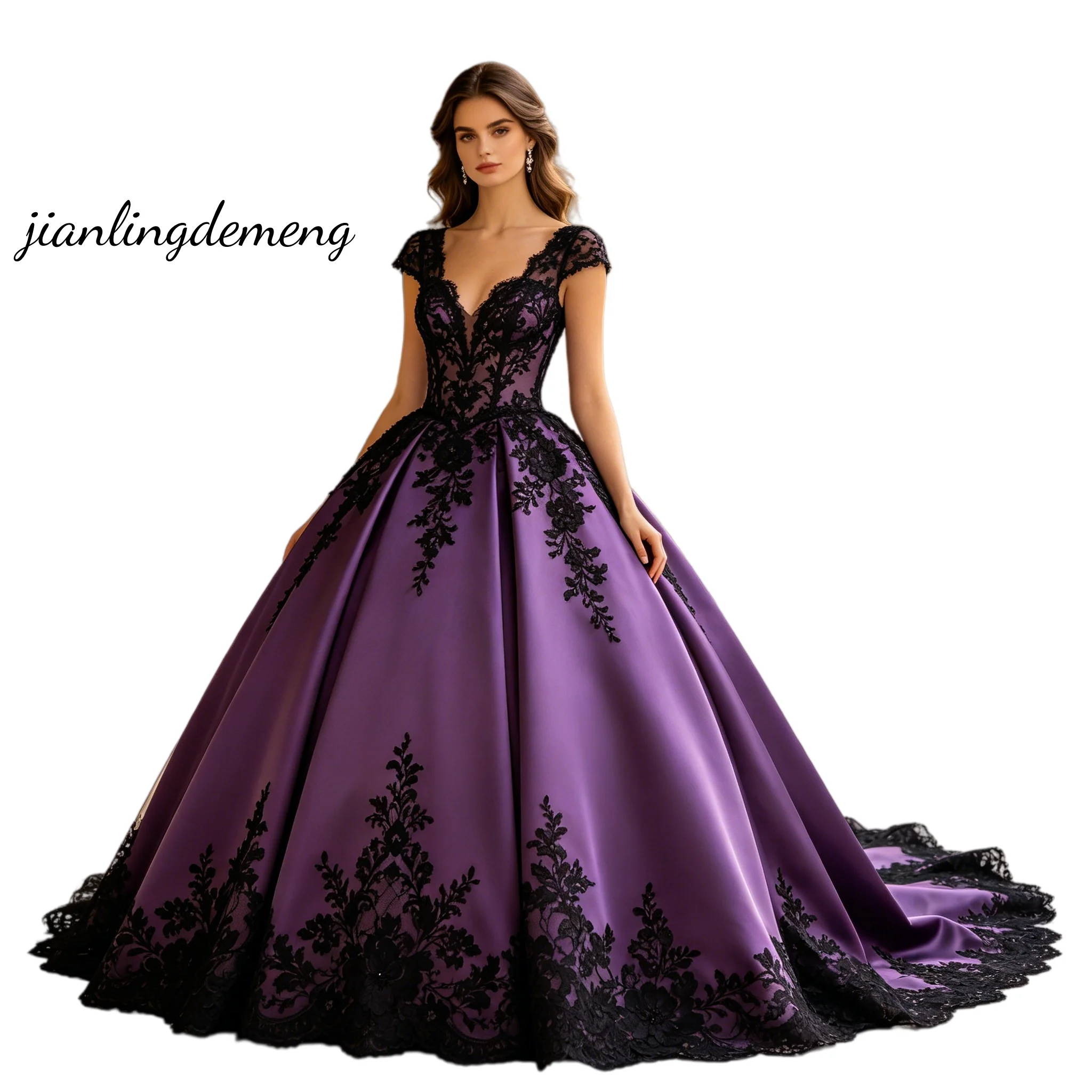 Baroque Regal Purple Black Lace Ball Gown Wedding Dress V Neck Cap Sleeve Royal Bridal Gown Customized