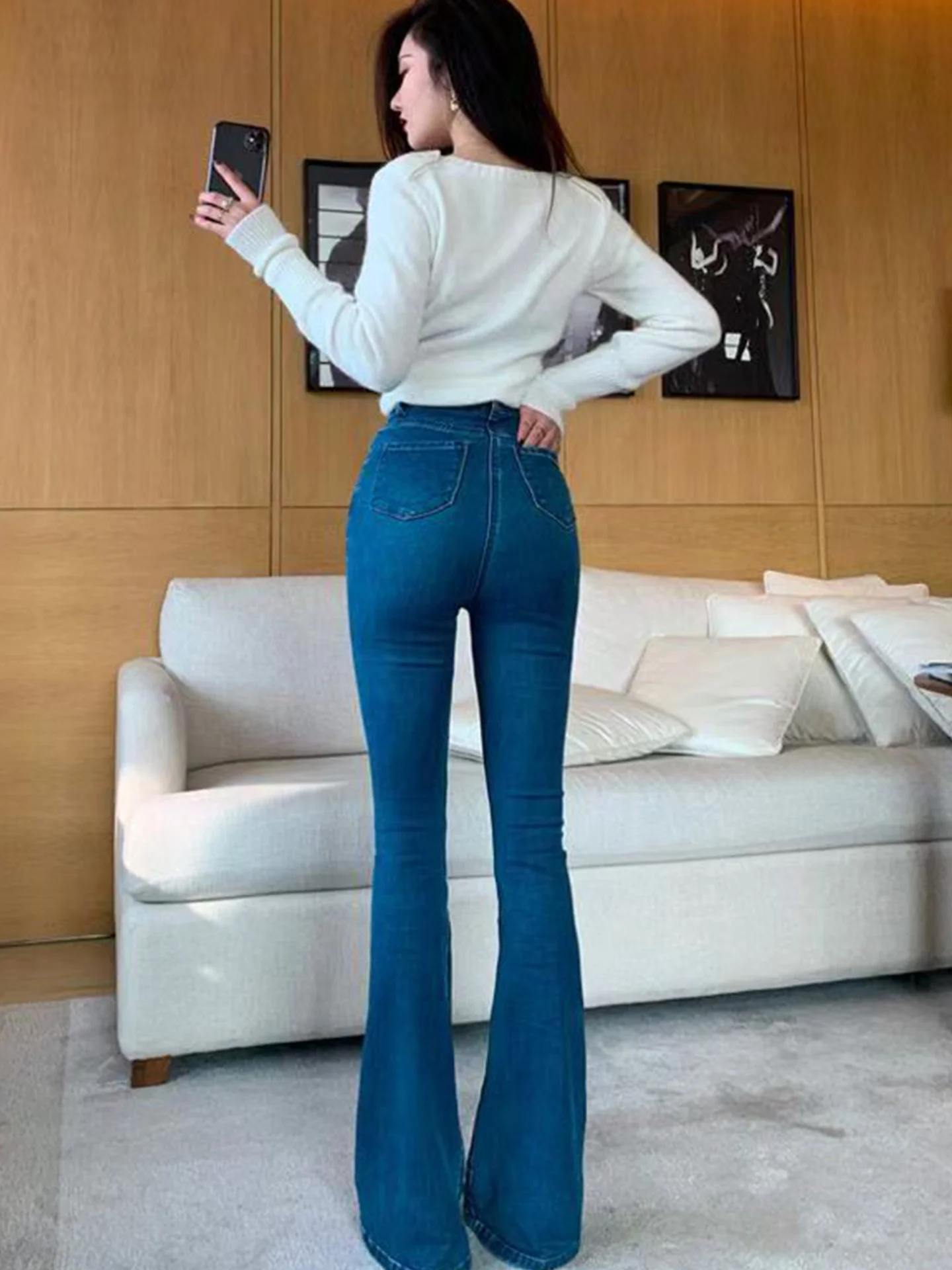 

High Waist Bell Bottom Jeans Women's Slimming American Style Long Leg Lengthening Floor Length Bell Bottoms Retro Hip Enhancing