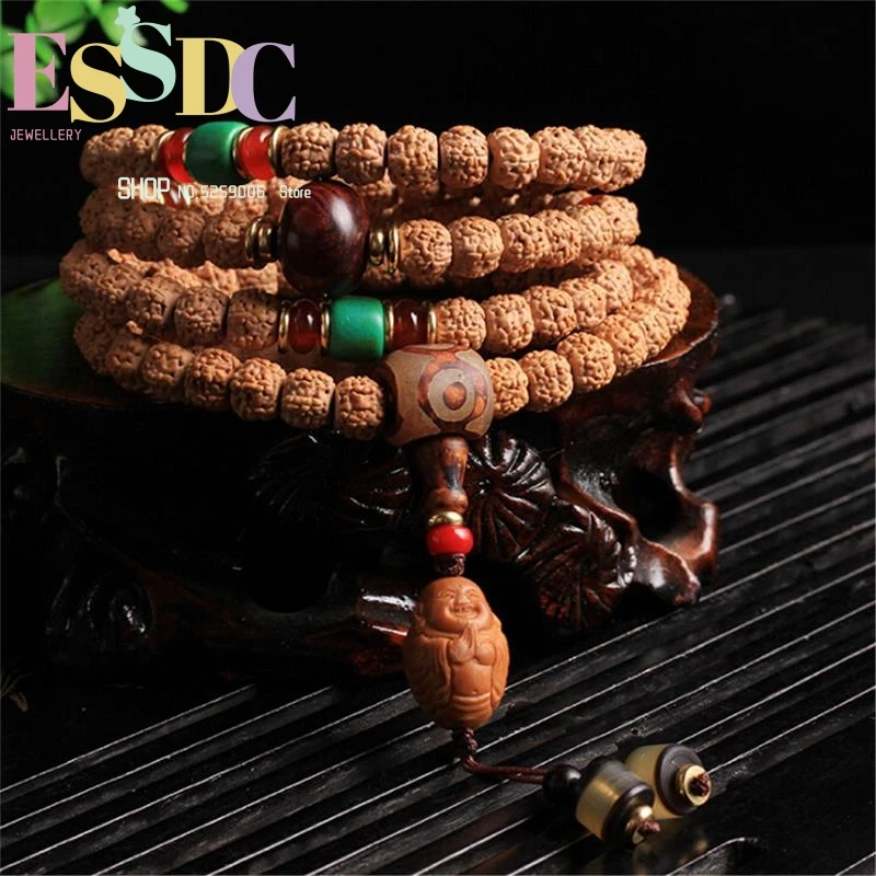 New Arrival Nepali Rudraksha 108 Mala Beads  String Hand Carved Olive Core Buddha Pendant Bracelet Buddhist Jewelry Dropship