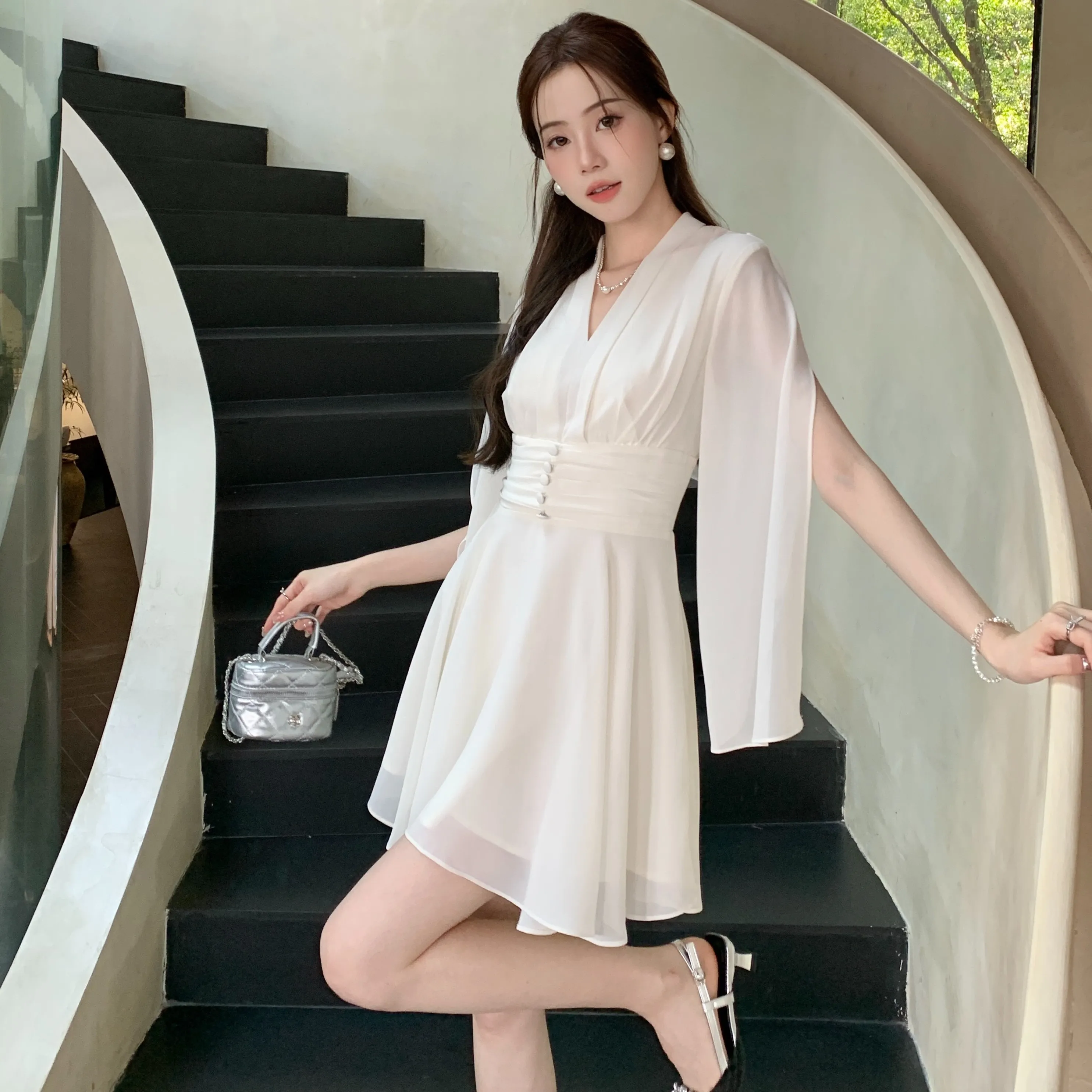 Elegant Luxury Dresses for Women Fairycore Irregular Long Sleeve Chiffon Dress Sweet Ruffles Fashion Summer White Mini Dress Y2K