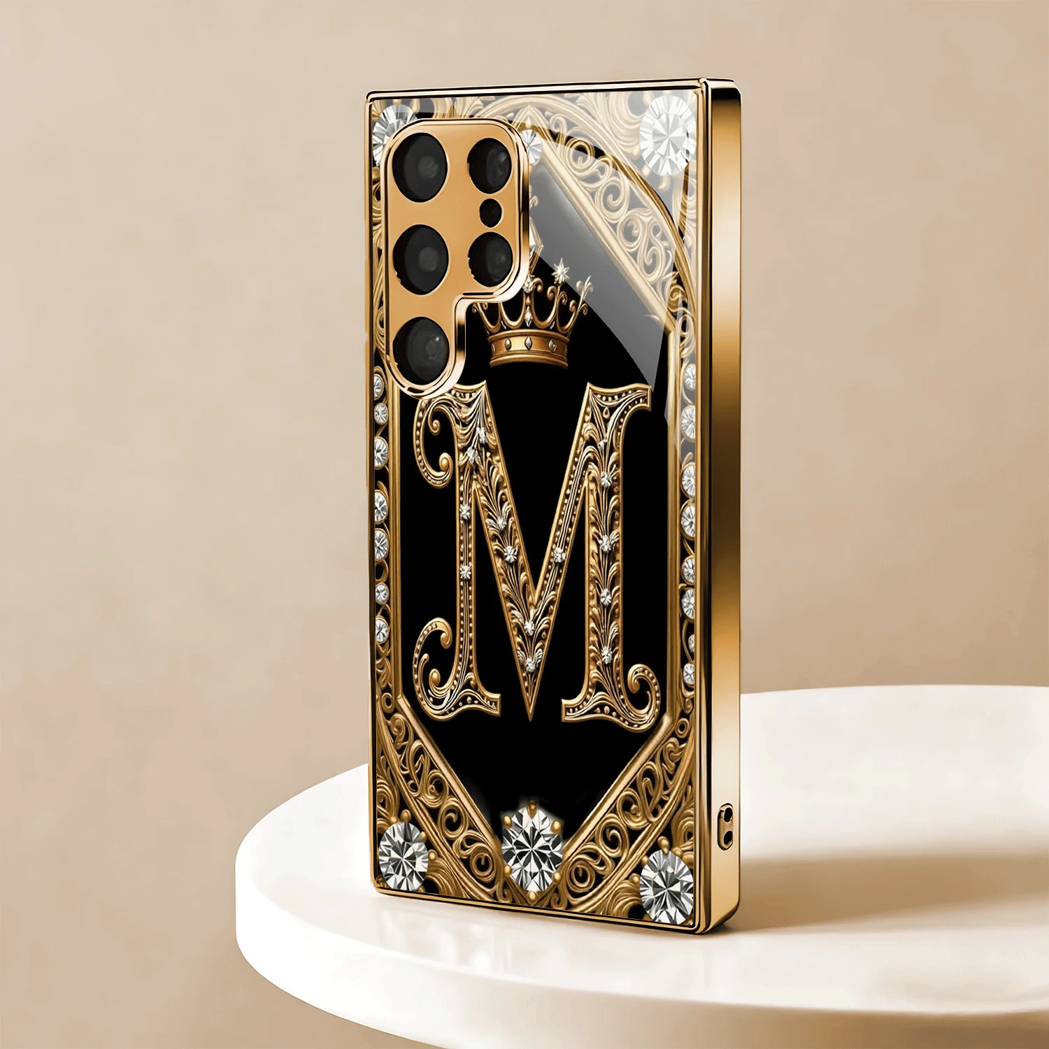 golden ornate letter "M" Tempered Glass Fashion phone case for Samsung Galaxy S26/S25/S24/S23/S22/S21FE Ultra Plus Dropresistant