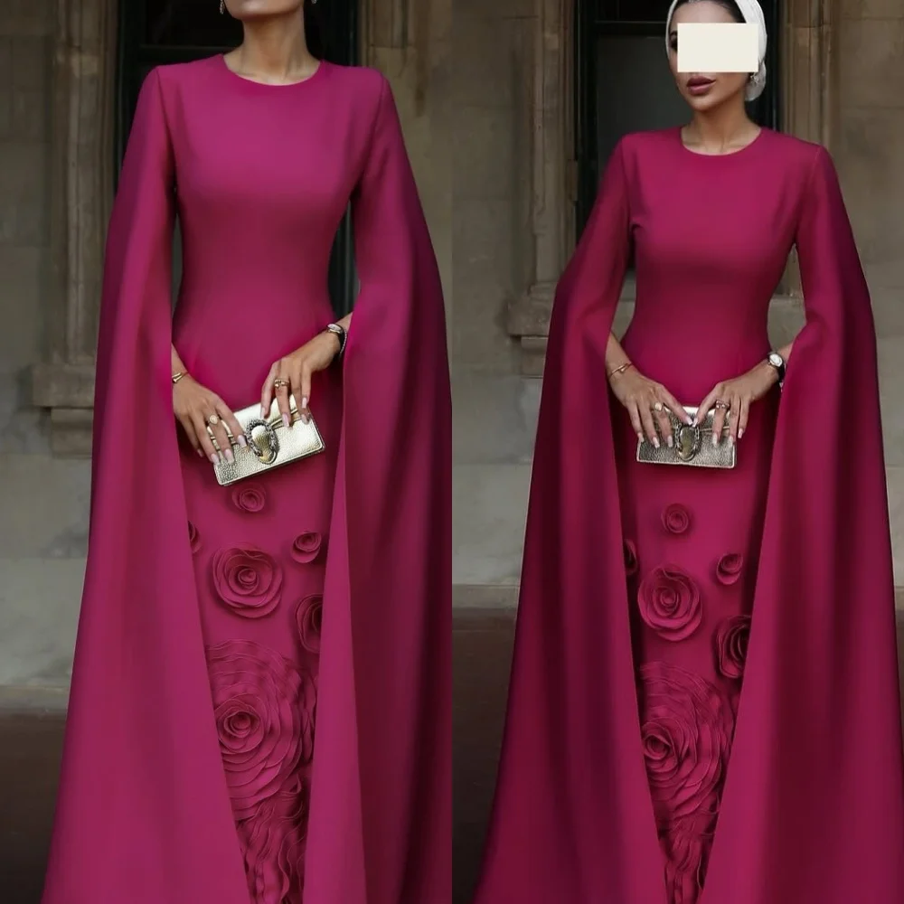 

Customized Elegant Crew Neck Cap Sleeve Long Sleeves Evening Dress High Quality Jersey Prom Dresses Delicate Flowers Party Gowns