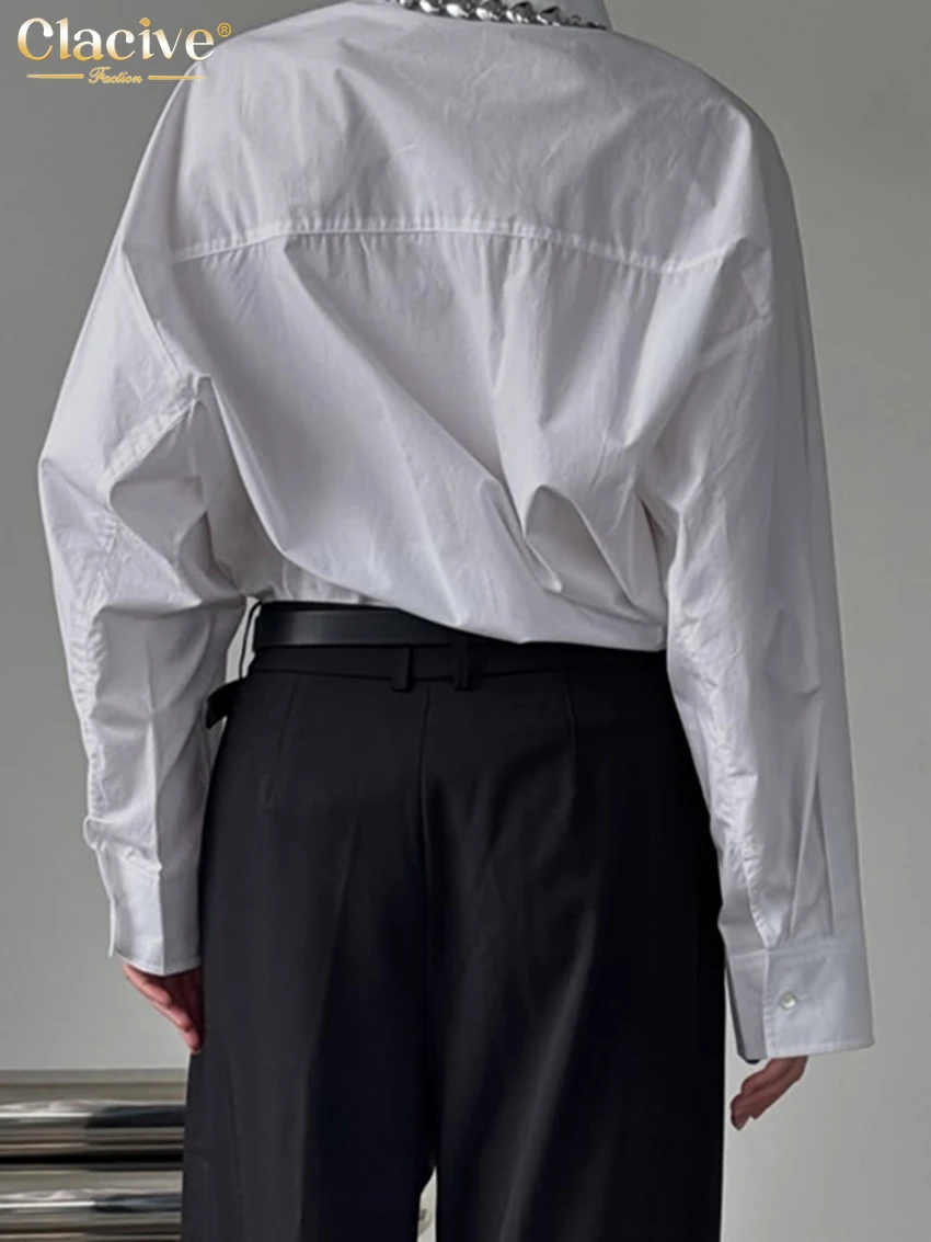 Clacive Casual Loose White Cotton Women's Blouse 2025 Fashion Lapel Long Sleeve Shirt Elegant Classic Solid Top Female Clothing
