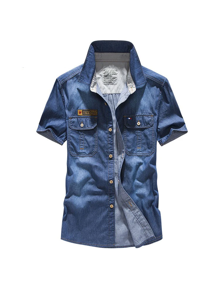 

Новая летняя мужская джинсовая рубашка в стиле ретро, удобная, из чистого хлопка, свободного кроя, с коротким рукавом, квадратным воротником, верхняя одежда, модная городская одежда