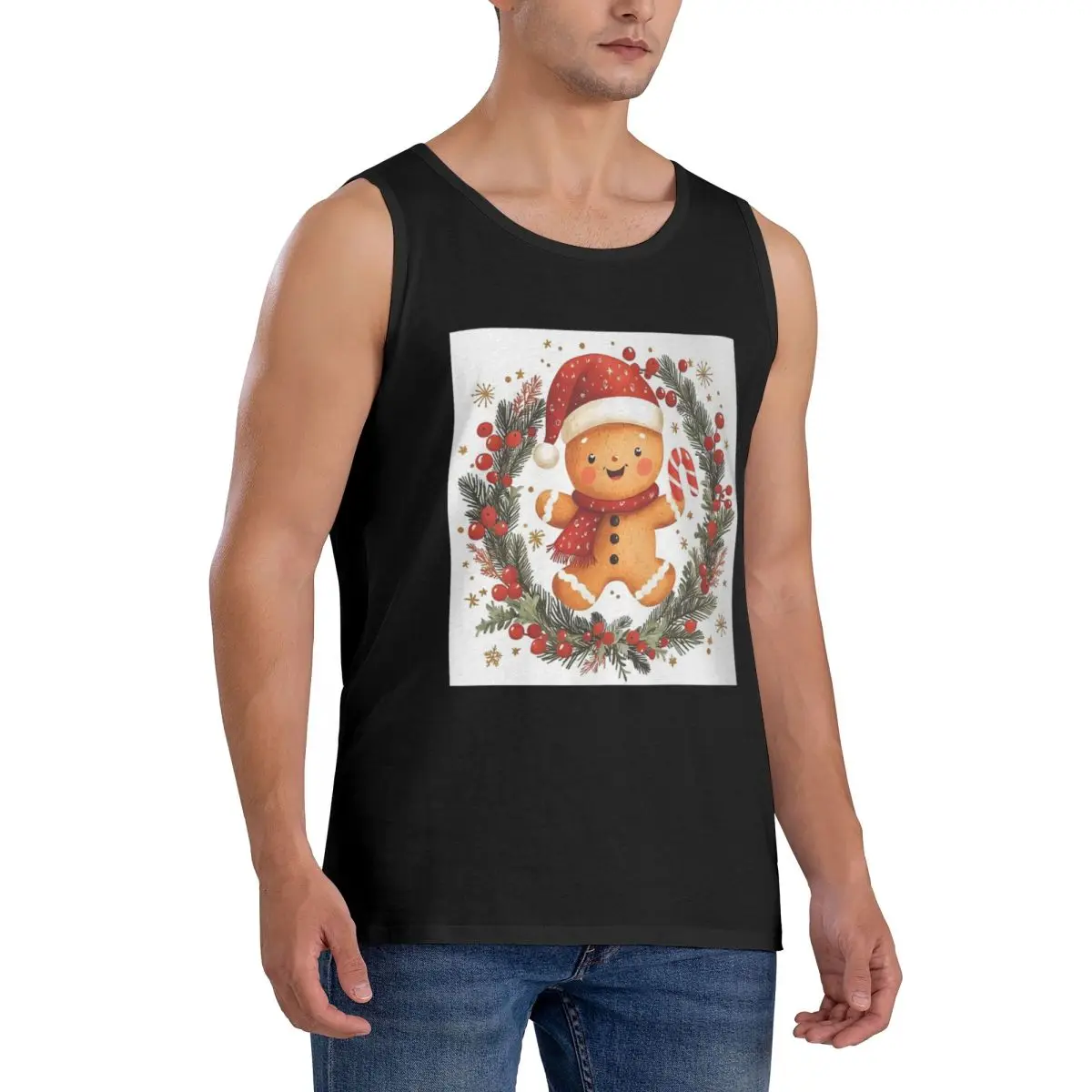 100% Cotton Holly Jolly Gingerbread Sleeveless T-Shirt Men Workout Sports Clothing Tops Men's Crew Neck Vest