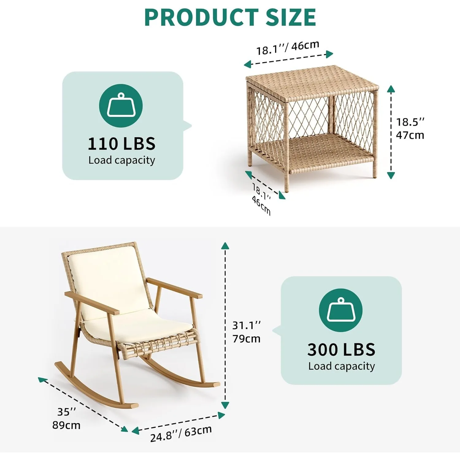 3 Pieces Patio Wicker Rocking Bistro Set, Oversize Outdoor Rattan Conversation Set with Soft Cushions & Square Side Table(Beige)