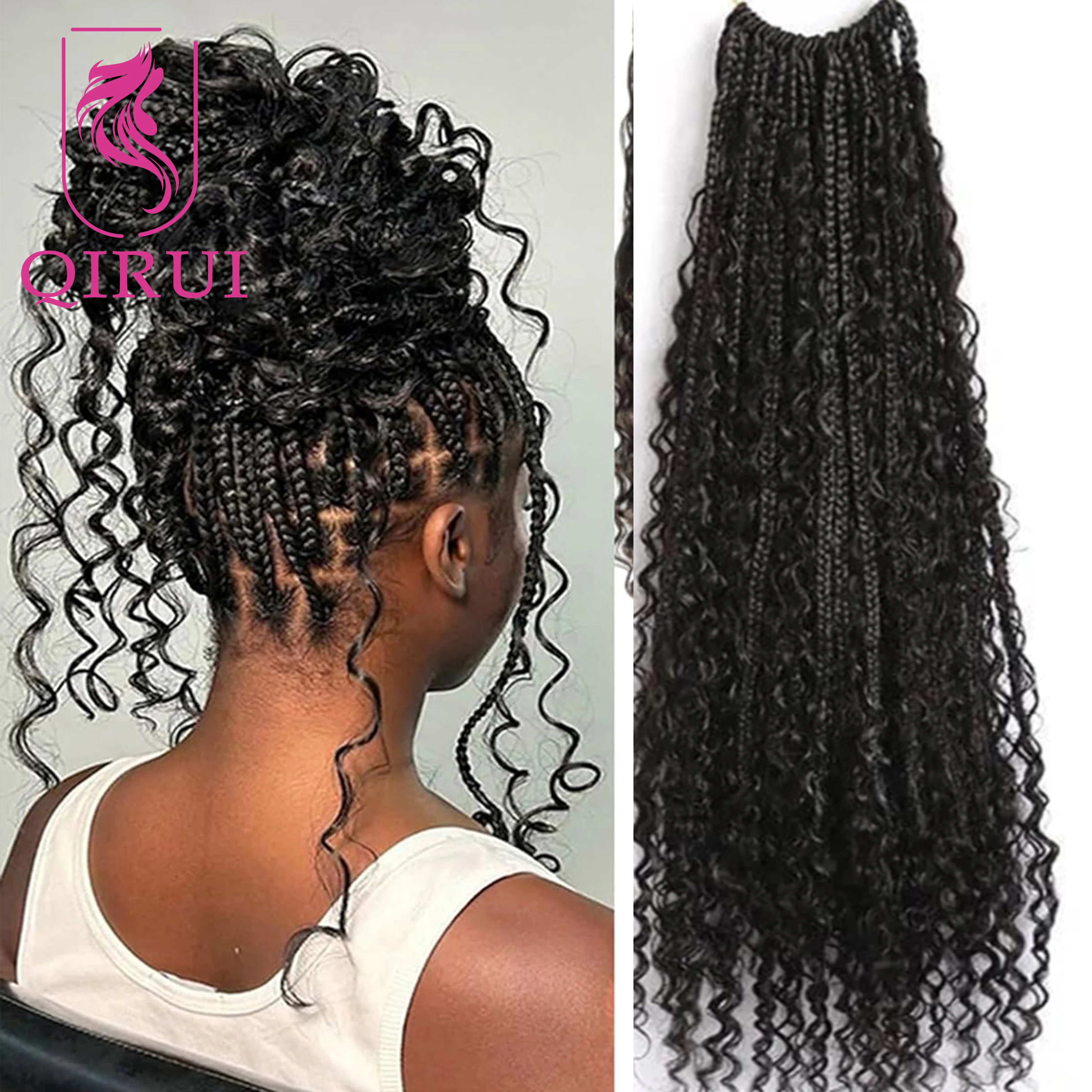 Crochet Boho Box Braids With Human Hair Curls Pre Looped Box Braids With Curly Human Hair Full Ends 30Inch Hair Extensions