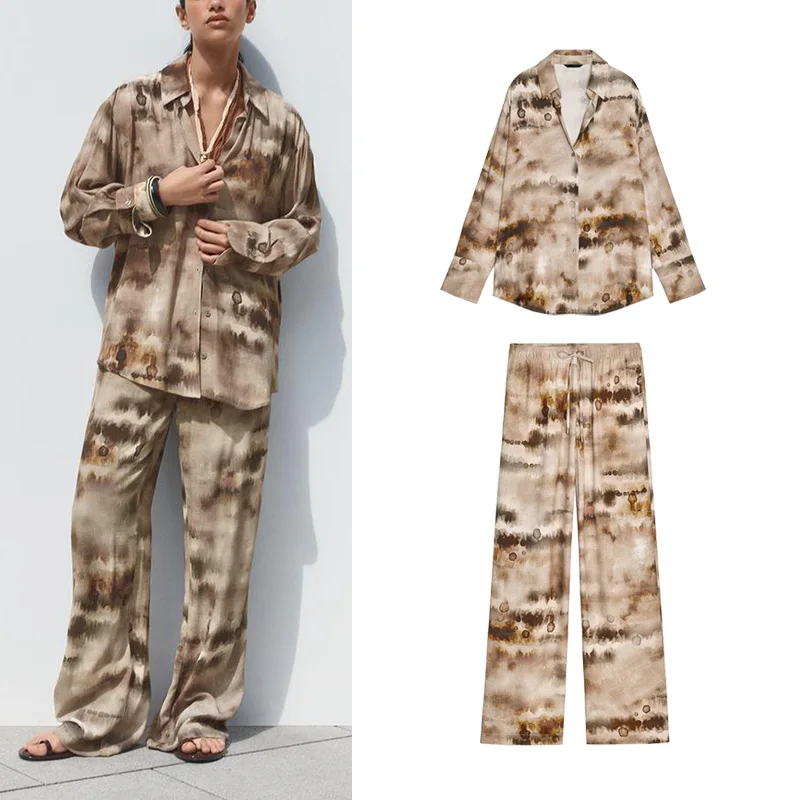 

Faionable Tie-Dye Long Sve Collared irt Прямые брюки с высокой талией Женские весенние комплекты из двух предметов 2025, работает orm