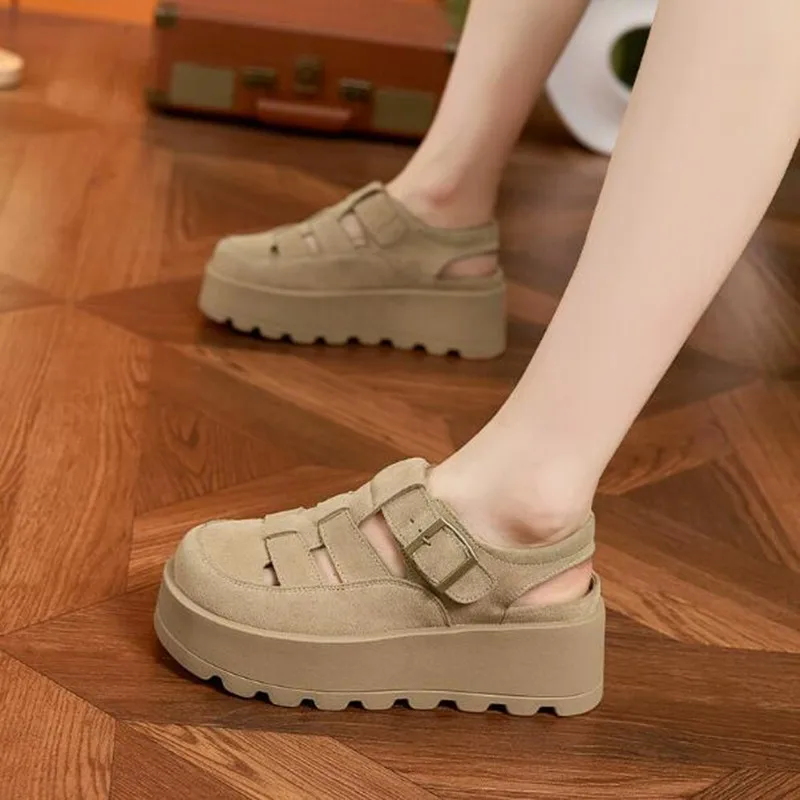 

New Luxury Summer Trendy Women's Suede Sandals Thick Bottom Round Head Outdoor Fashion Breathable Women Versatile Single Shoes