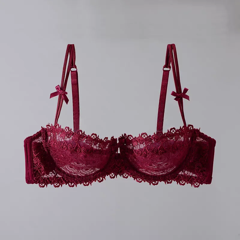 طقم حمالة صدر دانتيل أوروبي رفيع للغاية شبه شفاف، نصف كوب حمالات صدر رغبة نقية لصدر صغير، ملابس داخلية مريحة مضادة للترهل #6