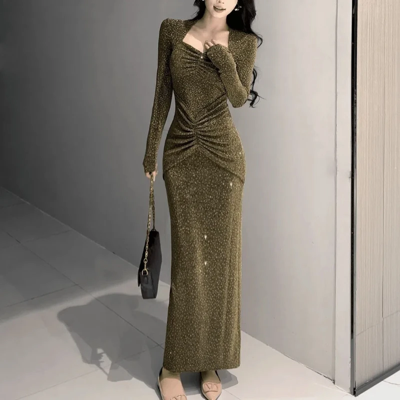 Fashionable Temperament Dress with Pleated Design That Covers the Flesh Slim Fit Straight Skirt Elegant Back Slit Long Skirt