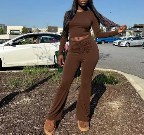

Women's Autumn Winter Solid Color round Neck Pullover Top High Waisted Pleated Flared Pants Set Exposed Navel Fashion