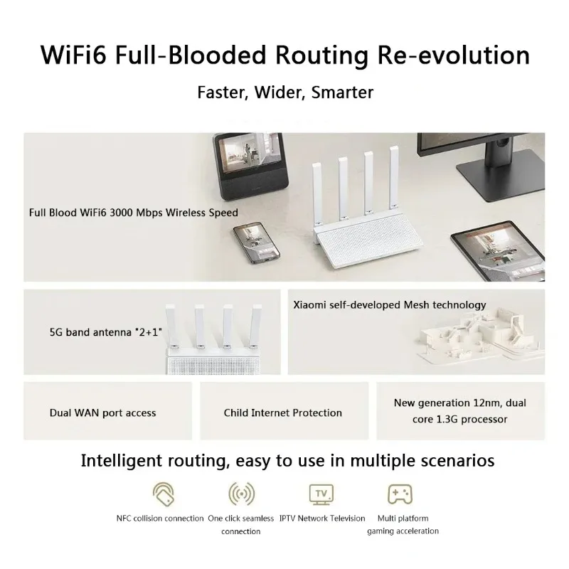 Xiaomi roteador ax3000t malha wifi6 2.4ghz 5ghz 3000mbs 256mb dupla rede de sinal wan qualcomm cpu repetidor amplificador com mi casa