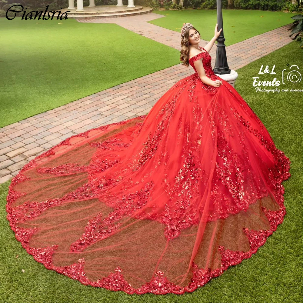 Vestido De baile De encaje con apliques De lentejuelas Rojas, quinceañera, corsé con hombros descubiertos, 15 Años