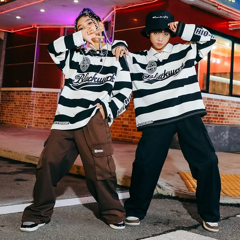 

Children's Hip Hop Fashion Show Suits Sets Boys Grils Stripe Long Sleeve Tshirt Cargo Pants Kids Stage Costumes Dance Clothing