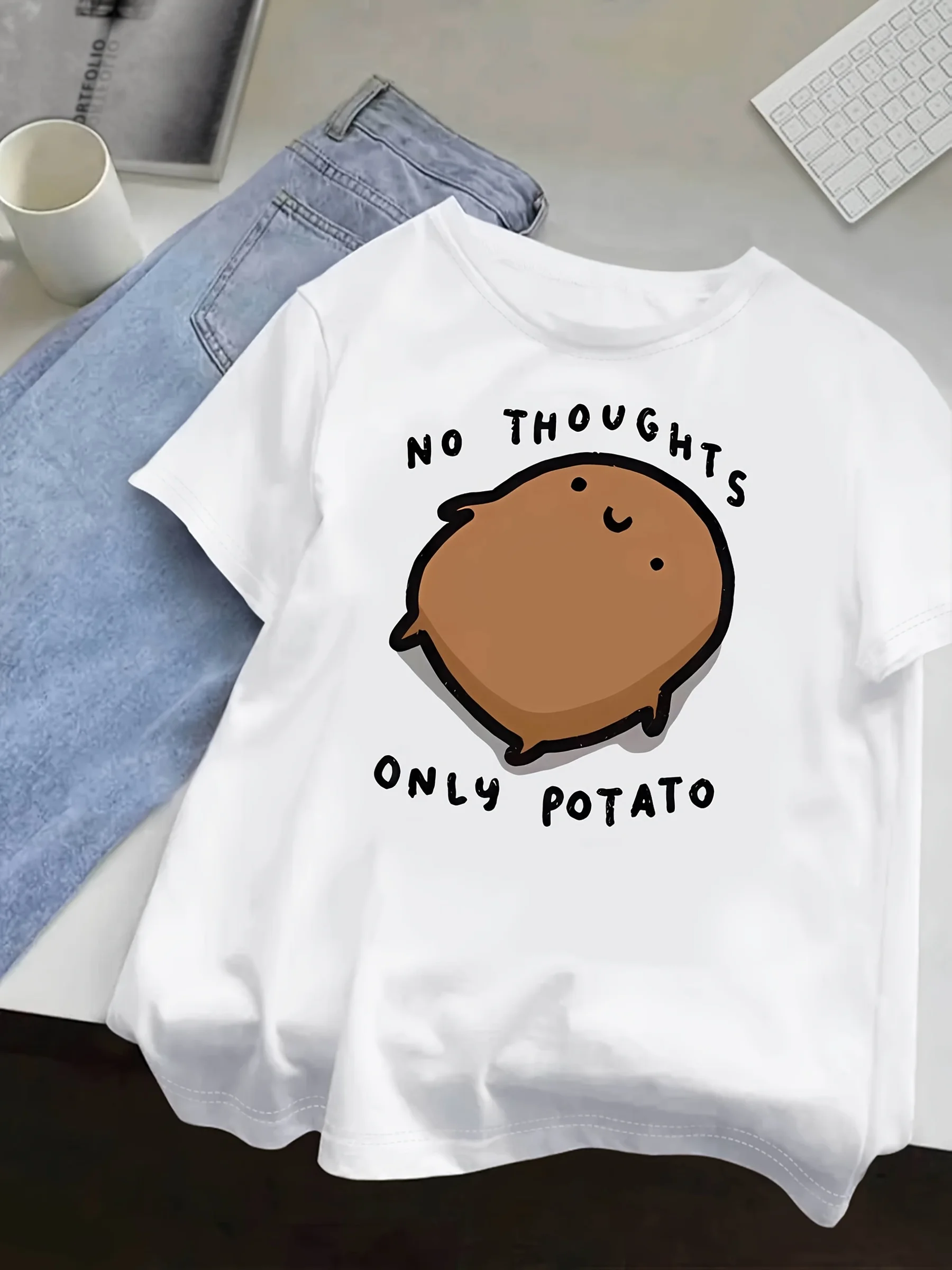 Lässiges Kurzarm-T-Shirt mit niedlichem Kartoffelmuster, Rundhalsausschnitt, verspieltem Design und elastischen Grafik-T-Shirts Mode Y2K