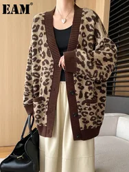 [EAM] Leopard Printed Big Size Knitting Cardigan Sweater V-Neck Long Sleeve Women New Fashion Tide Spring Autumn 2024 1DH7134