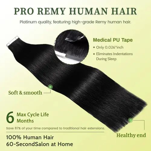 Imagen 2 del producto Extensiones de cabello con cinta adhesiva Cabello humano real 18 pulgadas Cinta de doble cara invisible recta sin costuras en extensiones de cabello # 1B