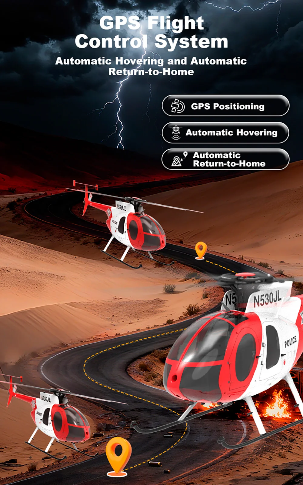 YUXIANG F119S(MD500) Helicóptero 9CH GPS 1/16 Flujo óptico + LiDAR TOF/Altitude Hold Dual Brushless 350m 18Min Fight RC Avión