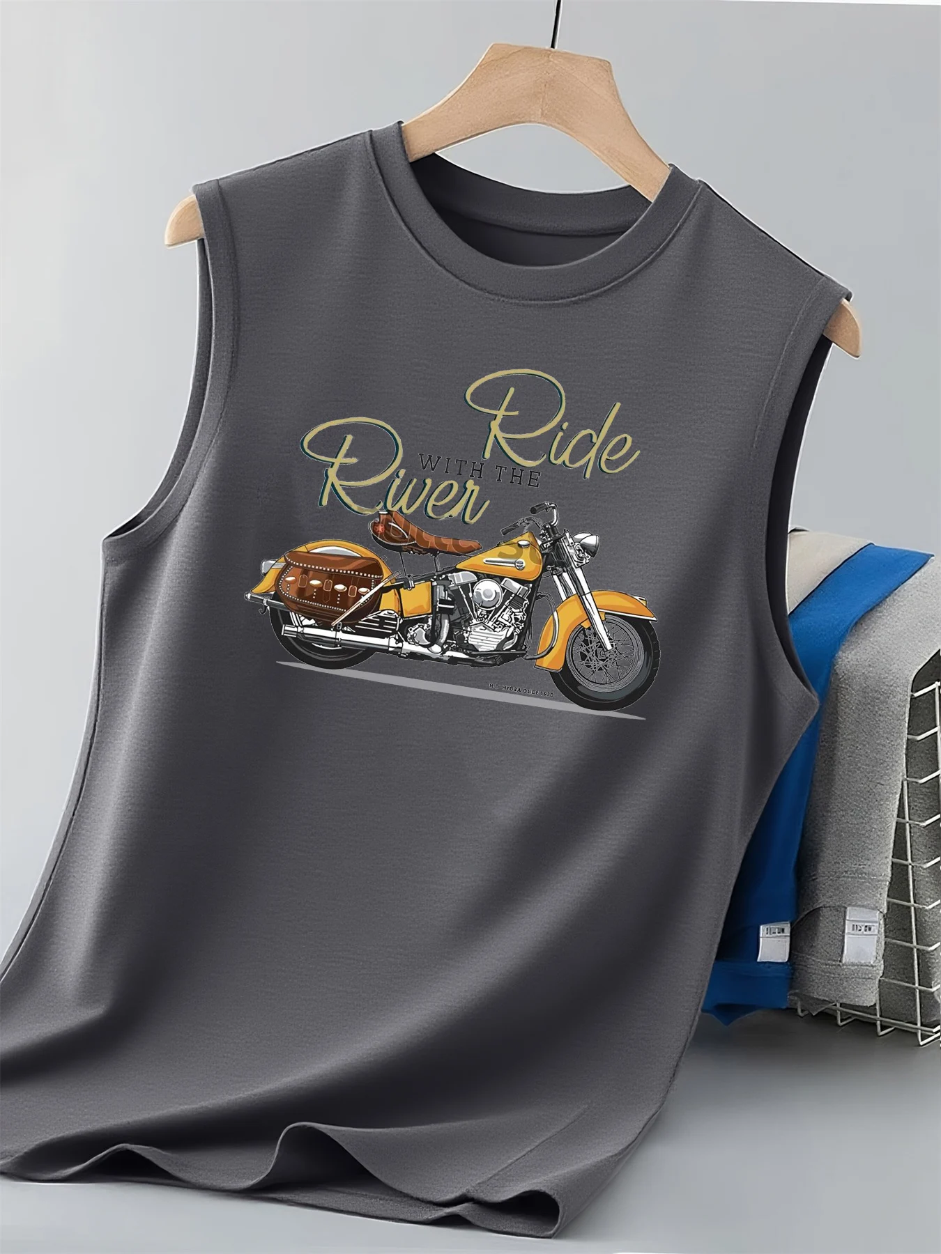100% pure cotton men's summer fashionable casual retro motorcycle print fitness breathable loose round neck sleeveless vest