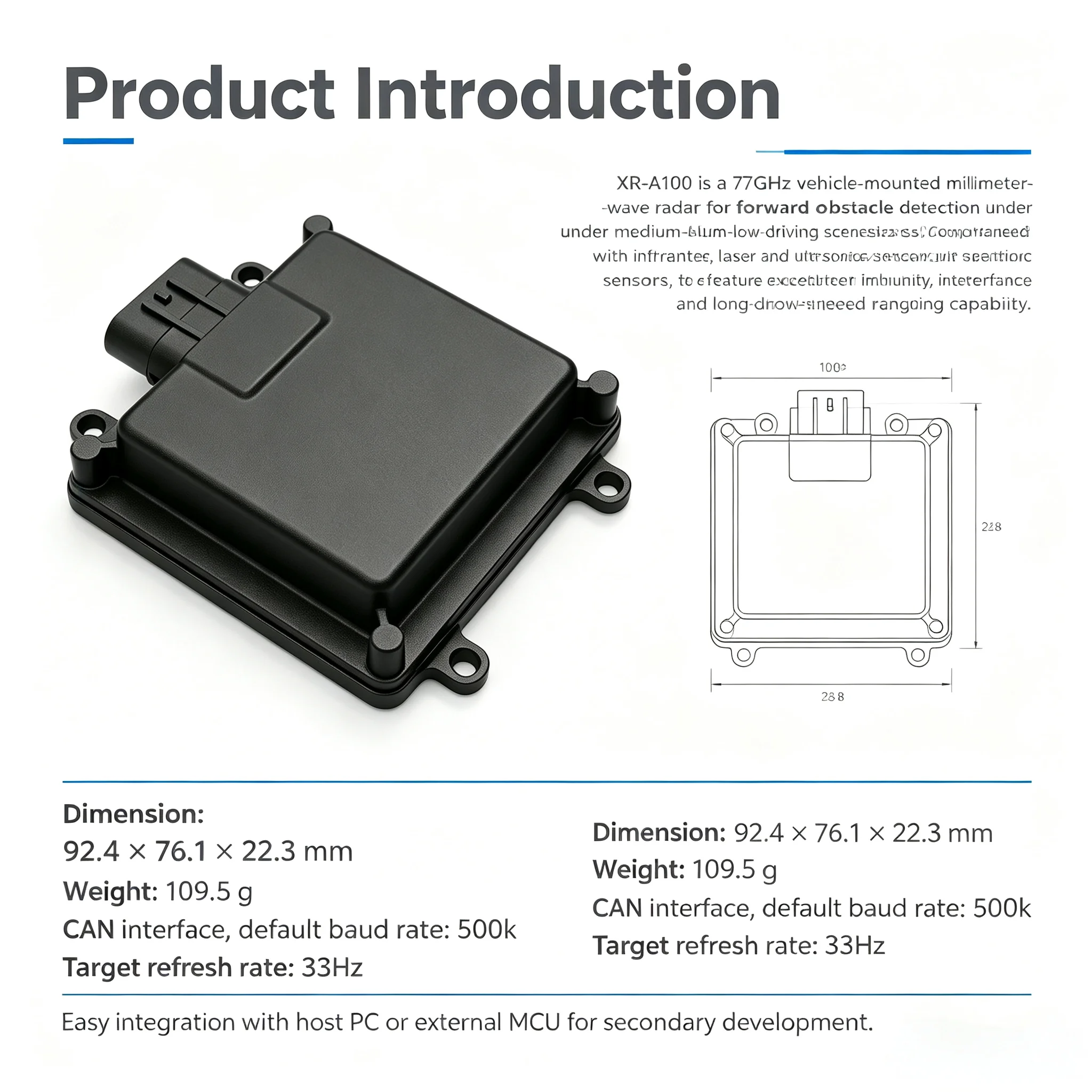 CAR XR-A100 Forward-Facing Automotive Radar Obstacle Avoidance Sensor for Car Parking Assist System