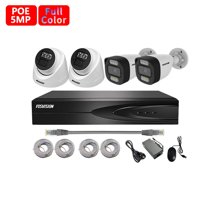 Fosvision 4ch POE NVR KIT 5MP color vu IP كاميرا ذكية كاملة الألوان مع أنظمة كاميرا CCTV الصوتية أمن الوطن