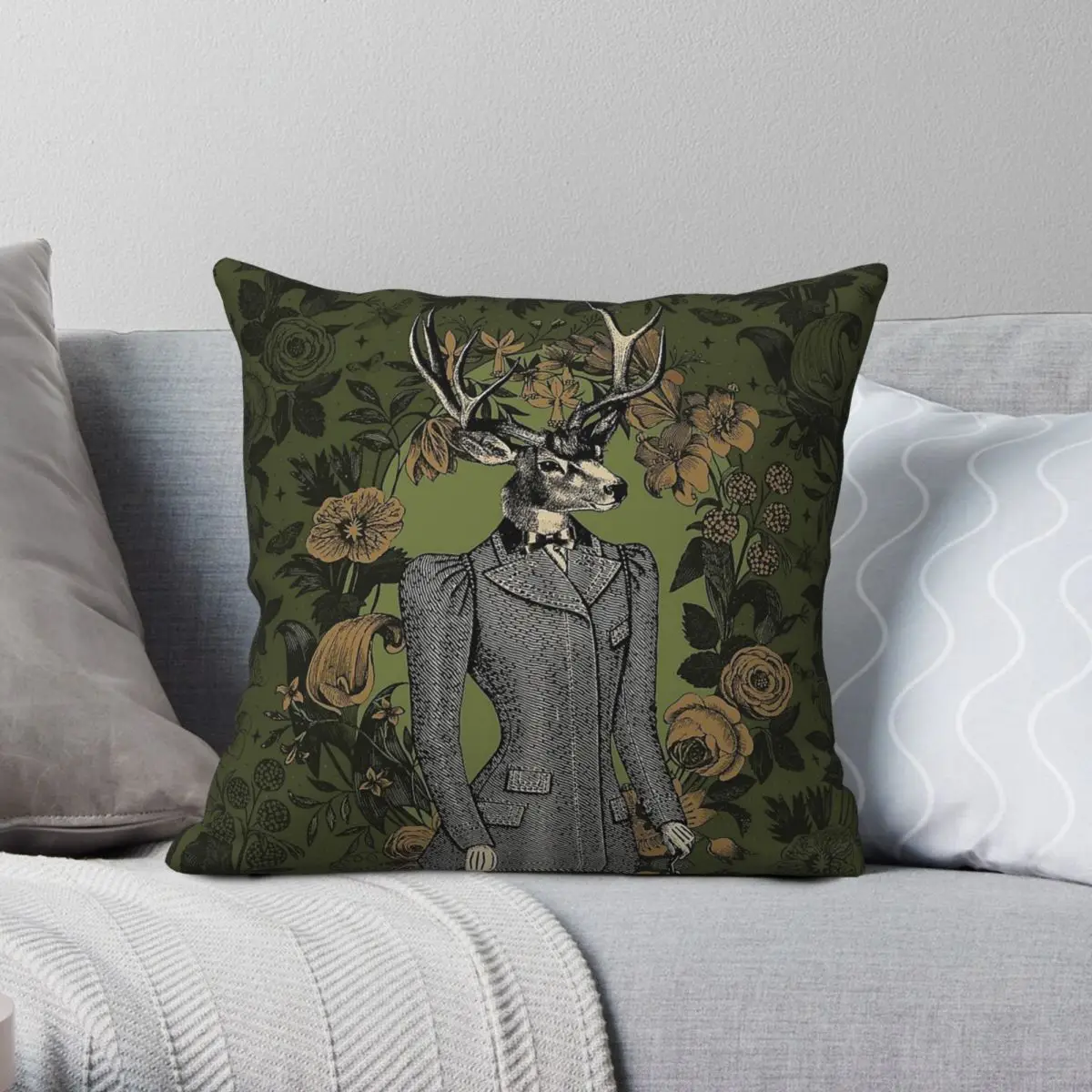 Victorian Stag Botanical Square Pillowcase Polyester Linen Velvet Pattern Zip Decorative Home Cushion Case 45x45