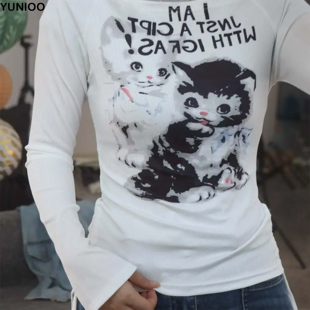 

Корейский стиль, футболки с открытыми плечами и котом, нерегулярные футболки с длинными рукавами и рисунком, уличная одежда, пуловер на шнурке, женский ретро-женский