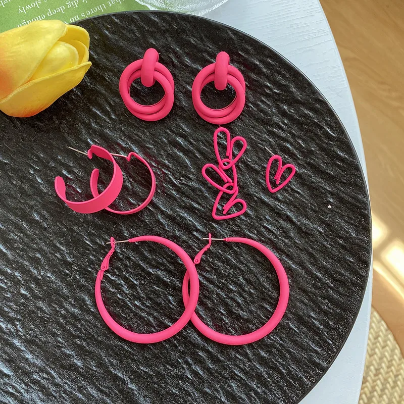 2023 Candy-colored Hot Pink Geometric Square Hoop C-shaped New Trendy Fluorescent Rose Red Earless Ear Clips Earrings for Women