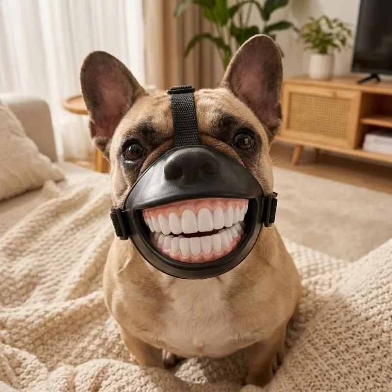 Anti bite and anti scan dog photo, breathable and innovative smile teeth pet mask, adjustable funny molars dog mask