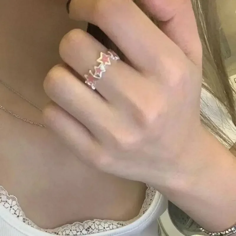 Y2k غير النظامية الوردي نجوم خواتم الفتيات الحلو لطيف افتتاح قابل للتعديل حلقة المينا الأزرق ستار يقترن خواتم وحلقة العلاج بالطاقة
