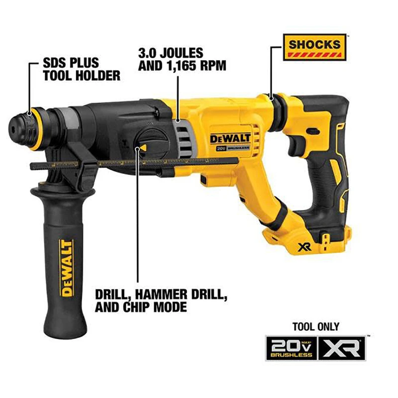 DeWalt20vコードレスロータリーハンマードツールdch263 dwh205dh sdsとブラシレスモーター1/8インチ電気錠解体ハンマーインパクトドリル